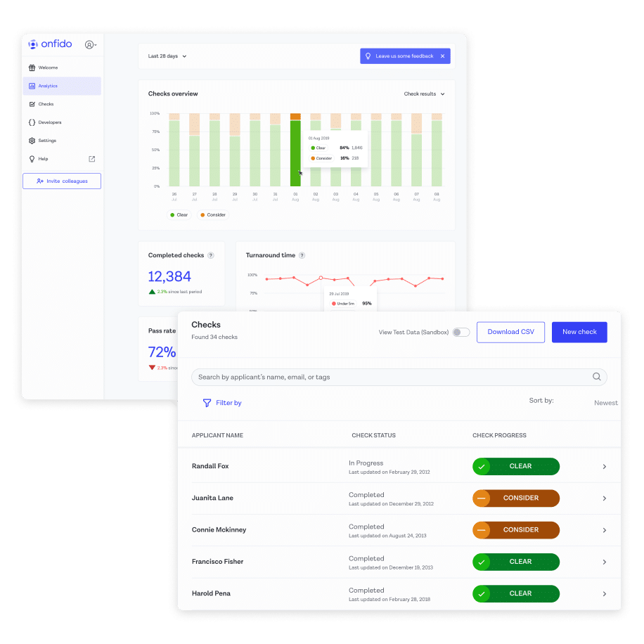 snapshots of onfido dashboard