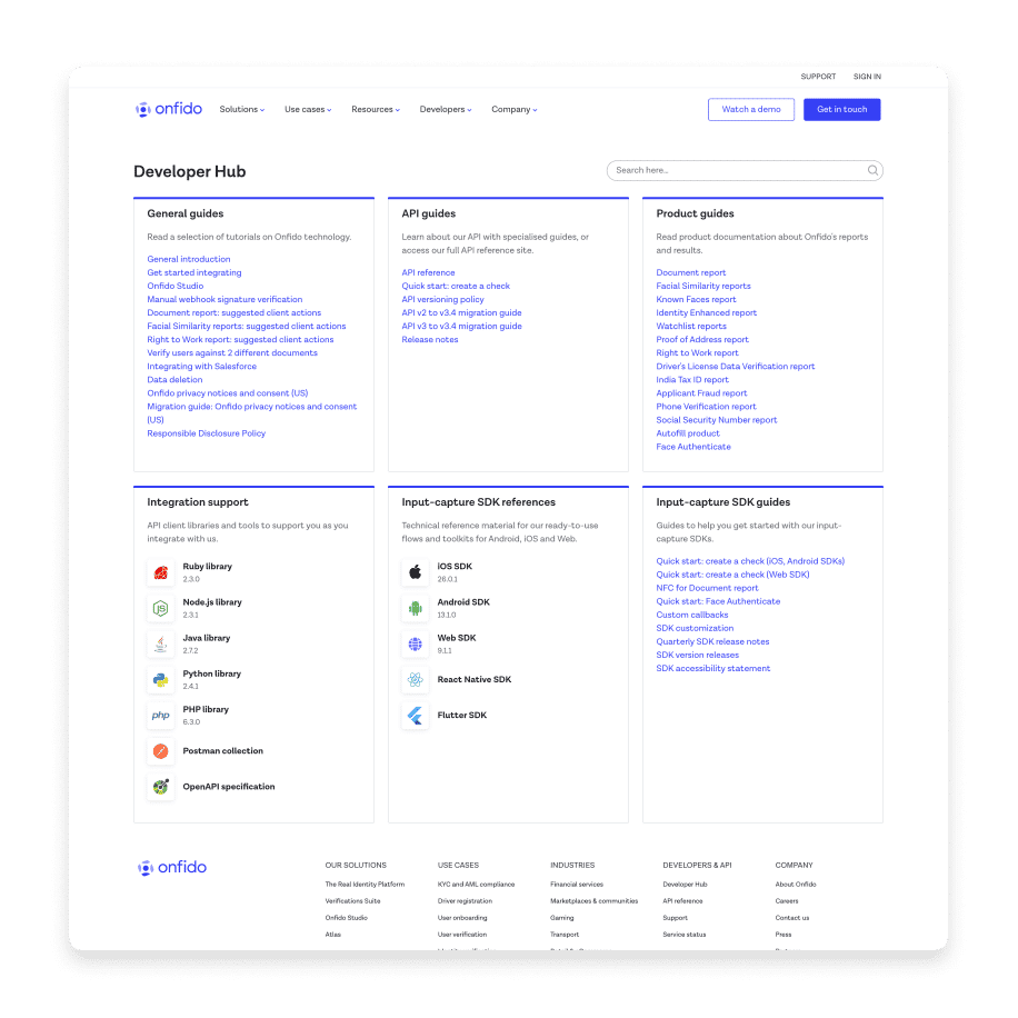 onfido developer hub snapshot