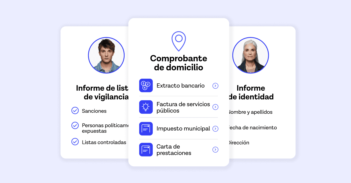 Tres tarjetas mostrando el justificante del domicilio, el informe de sanciones y los informes de identidad.