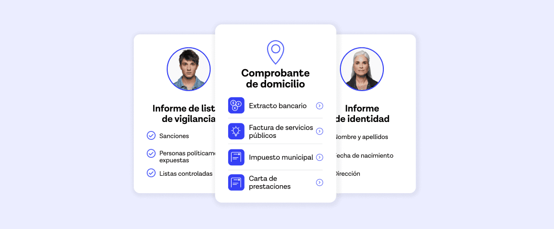 Tres tarjetas mostrando el justificante del domicilio, el informe de sanciones y los informes de identidad.